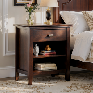 Sunvega Handcrafted Russet Brown Solid Wood Transitional Bedside Table with Drawer