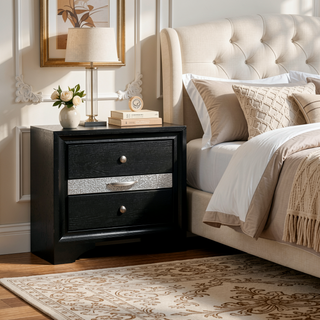 Sunvega Black Nightstand with Silver Trim Accent and Jewelry Drawer