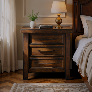 Sunvega Brown Mango Veneer Nightstand with 3 Dovetail Drawers and Dark Bronze Pulls