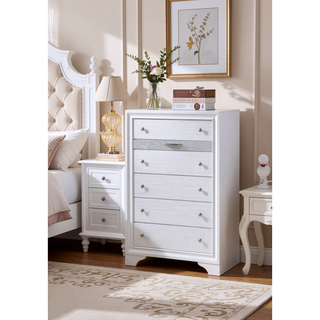 Sunvega White Wood 5 Drawer Chest with Silver Knob Pulls for Storage