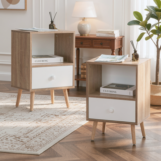 Sunvega Mid-Century Modern Wood Nightstand Set with Drawer and Shelf for Bedroom