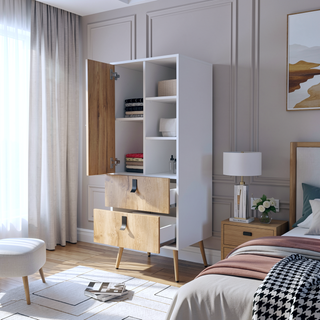 Sunvega White and Macadamia Tall Dresser with Two Drawers and Side Shelves