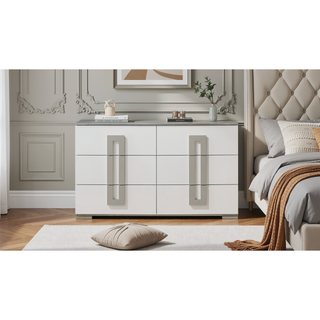 Sunvega Modern White Dresser with Metallic Accents and Six Spacious Drawers