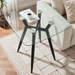 Sunvega Mid-Century Modern Clara Counter Table with Clear Glass Top and Black Metal Legs