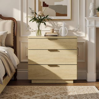 Sunvega Modern Oak Nightstand with 3 Drawers and Glam Metal Handles for Bedroom