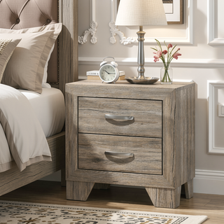 Sunvega Natural Finish Contemporary Nightstand with Two Drawers and Metal Handles