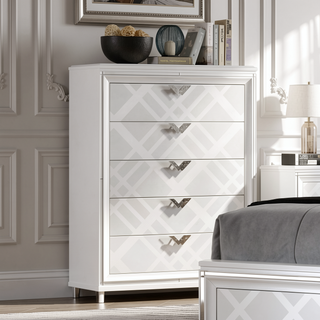 Sunvega White Finish Contemporary Style Chest with Acrylic Legs and Embossed Art Deco Pattern