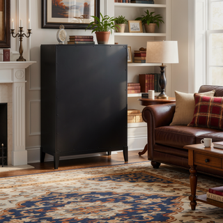 Sunvega Contemporary Black Wood Chest with Five Fluted Drawers and Golden Handles