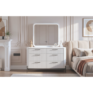 Sunvega White 6 Drawer Dresser with Reeded Fronts and Metal Accent Base