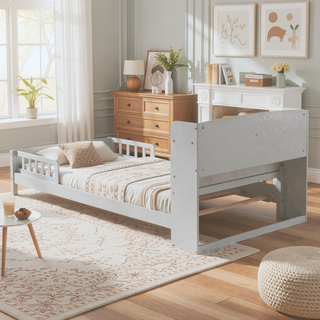Sunvega Twin Pine Wood Bed with LED Motion Sensor Light and Bookcase Headboard