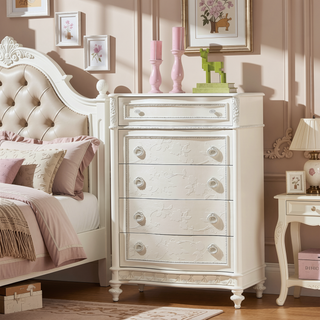Sunvega Ivory Floral Embroidered 5-Drawer Chest with Wooden Bun Legs