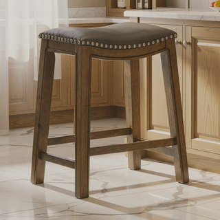Sunvega Brown Solid Wood Frame Counter Height Stool with Gray Faux Leather Saddle Seat