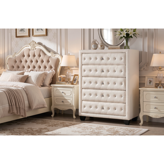 Sunvega Sophia Cream Velvet Upholstered Crystal Tufted 5-Drawer Chest for Bedroom