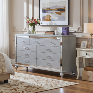 Sunvega Silver Mirror Framed 6-Drawer Dresser with Diamond Accent Handles