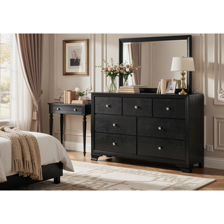 Sunvega Modern Glam Style Black Finish Five Drawer Chest Nightstand with Faux Crystal Pulls
