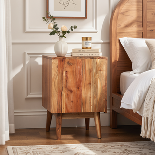 Sunvega Handcrafted Acacia Wood Boho Nightstand with One-Door Cabinet Storage
