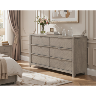 Sunvega Ash Veneers 6 Drawer Dresser with Harringbone Look and Transitional Design