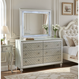 Sunvega Modern Luxury Dresser with Silver Finish and Diamond Patterned Drawer Fronts