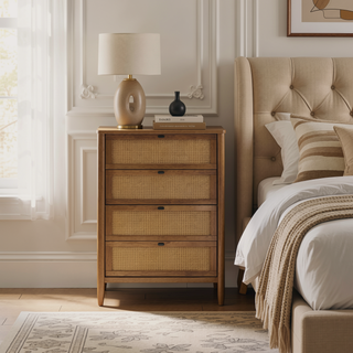 Sunvega Wood and Rattan 4-Drawer Chest with Spacious Storage and Light Walnut Finish