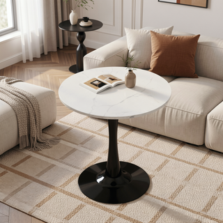 Sunvega Round White Pedestal Side Table with Marble Effect Top for Living Room