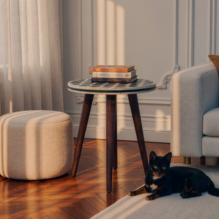 Sunvega Solid Mango Wood Tripod Stool with Beautiful Bone Inlay Top