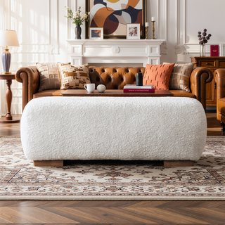 Sunvega Ivory Boucle Bench with Teak Frame for Living Room or Bedroom