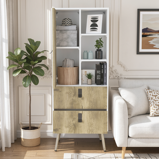Sunvega Magness White Macadamia Tall Dresser with Two Large Drawers and Open Shelves
