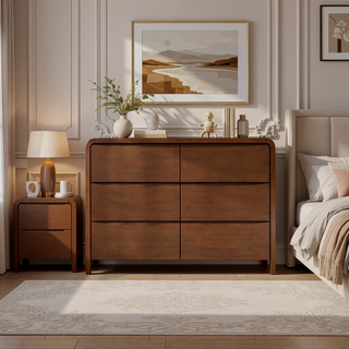 Sunvega Mid Century Modern 6-Drawer Dresser in Solid Wood with Solid Legs