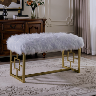 Sunvega White Faux Fur Upholstered Bench with Gleaming Gold Metal Legs