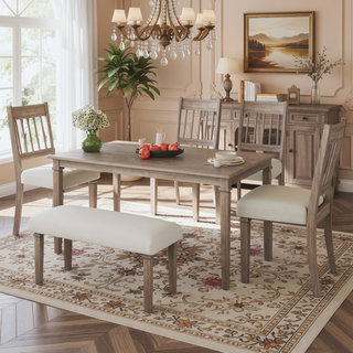 Sunvega Classic Country Style Rubber Wood Dining Table Set with Bench and Chairs