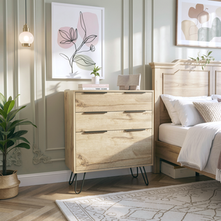 Sunvega Light Oak Dresser with Three Drawers and Superior Top on Hairpin Legs