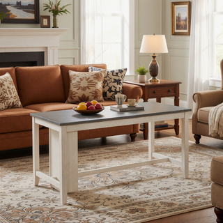Sunvega Antique White and Rosy Brown Wooden Counter Height Table with Built-in Shelves