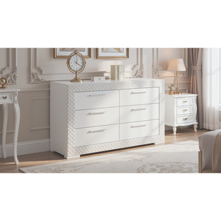 Sunvega Modern White Wood Dresser with Six Spacious Drawers and Plush Red Linings