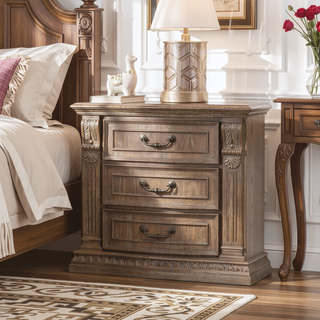 Sunvega Weathered Oak Solid Wood Nightstand with Carved Details and Reeded Posts