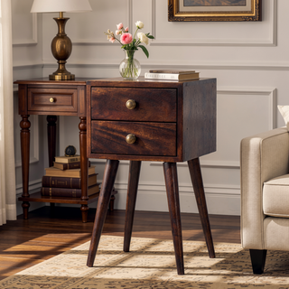 Sunvega Solid Mango Wood Bedside with Two Drawers and Scandinavian Legs