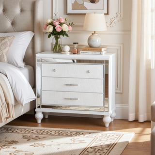 Sunvega Mirror Accented Modern Style Nightstand with Three Spacious Drawers in Silver