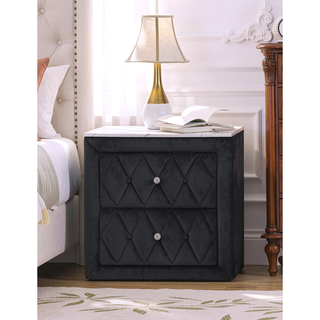 Sunvega Oval Faux Marble Top Nightstand with Two Drawers and Button Tufted Black Fabric