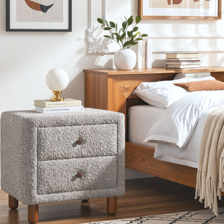 Sunvega Beige Fabric Nightstand with Two 10 by 13 by 5 Inch Storage Drawers