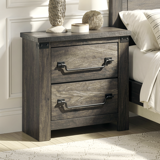 Sunvega Rustic Gray Farmhouse Nightstand with Antique Brass Drop Handles and 2 Drawers