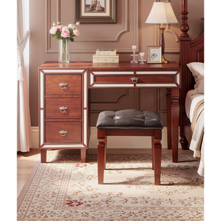 Sunvega Traditional Cherry Wood Vanity Set with Tufted Stool and Storage Drawers