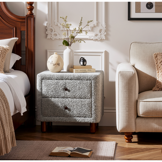 Sunvega Grey Boucle Upholstered Nightstand with Two Drawers and Wooden Legs