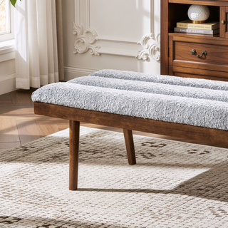 Sunvega Light Grey Teddy Boucle Upholstered Bench with Solid Wood Frame