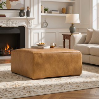 Sunvega Modern Boxy Ottoman in Sienna Kind Leather for Flexible Seating