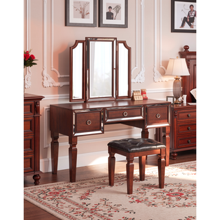 Sunvega Traditional Black Rubber Wood Vanity Set with Tri-Fold Mirror and Tufted Stool