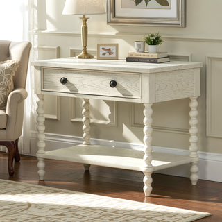 Sunvega Antique Cream Nightstand with Spindle Legs and Spacious Drawer Storage