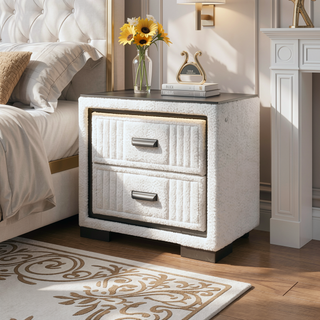 Sunvega Upholstered Frame Nightstand with Spacious Drawers and LED Light
