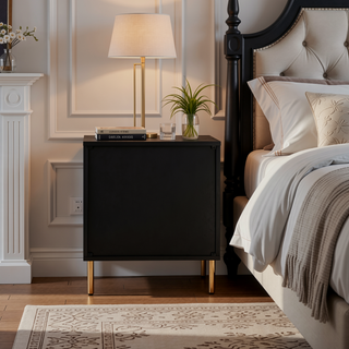 Sunvega Black Silver Gold 3-Drawer Nightstand with Metal Legs and Decorative Patterns