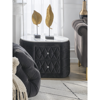 Sunvega Oval Faux Marble Top Nightstand with Two Drawers and Button Tufted Black Fabric