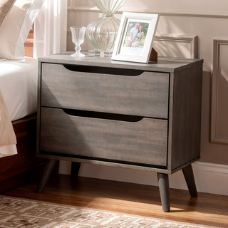 Sunvega Mid-Century Modern Black Solid Wood Nightstand with 2 Drawers and Round Tapered Legs