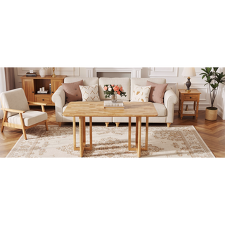 Sunvega Natural Solid Wood Dining Table with Imitation Rattan Legs for Dining Room